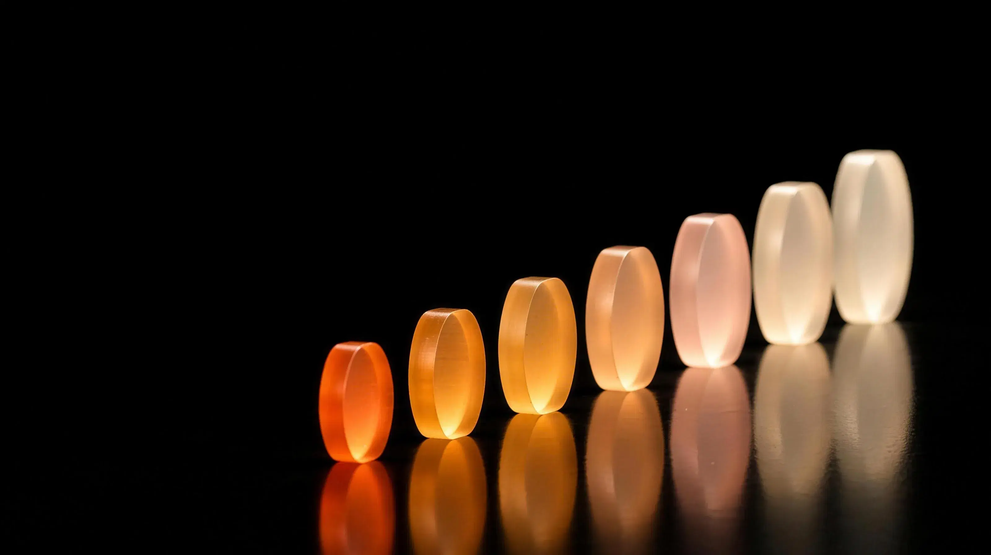 A row of glass coins standing evenly spaced, each one taller than the last