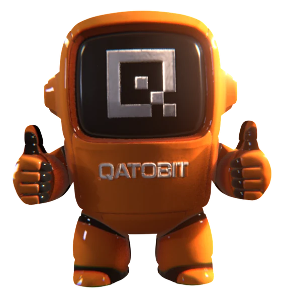 Qai, the Qatobit mascot, an orange robot with the Q logo on its screen